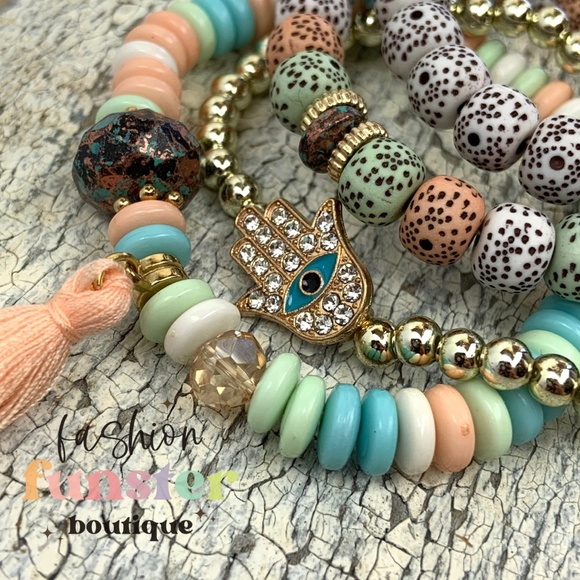 Hamsa Hand of Fatima Evil Eye Pastel Candy Colored Stackable Amulet Bracelet Set - Picture 9 of 9